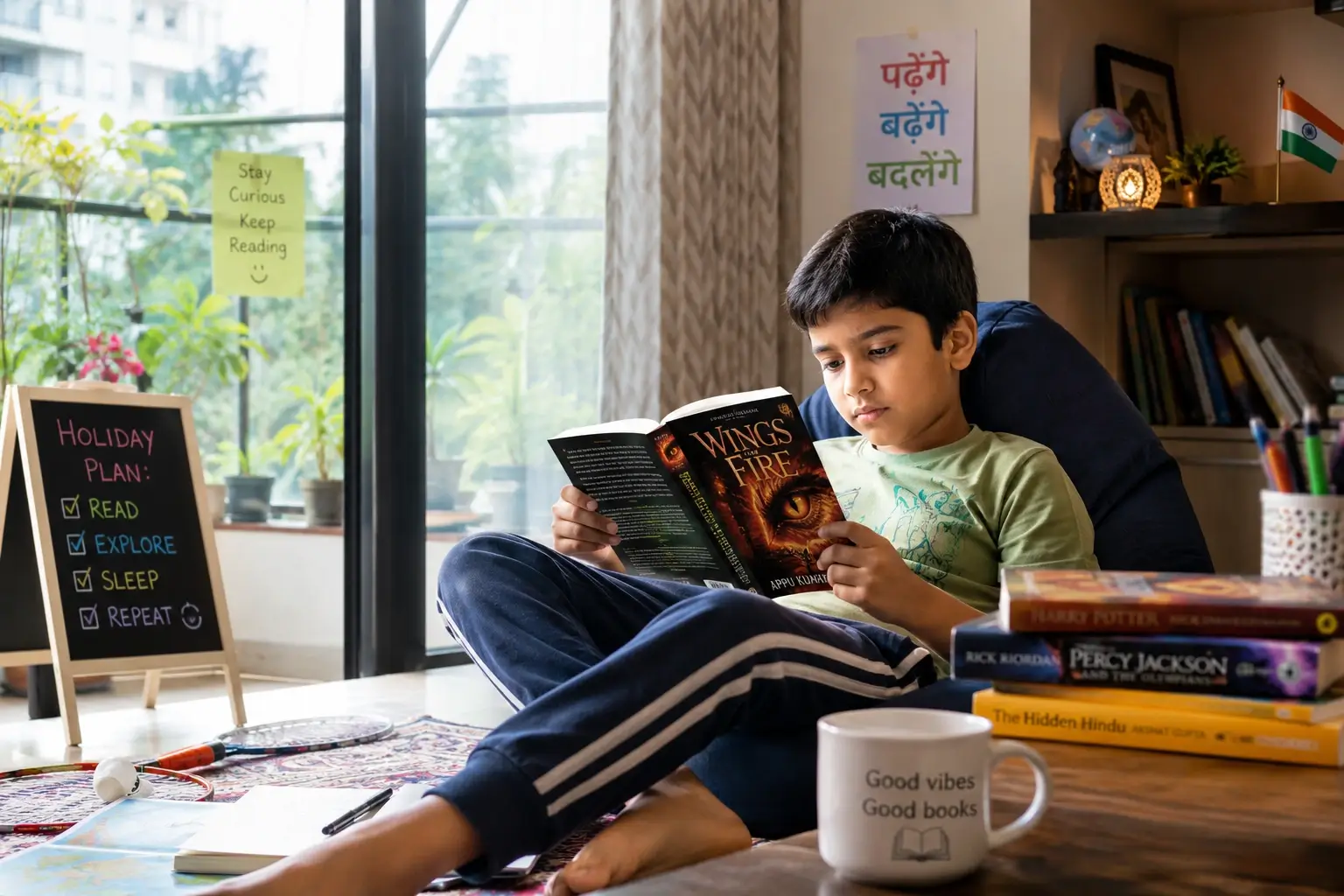 Child deeply engaged in reading a book during holidays