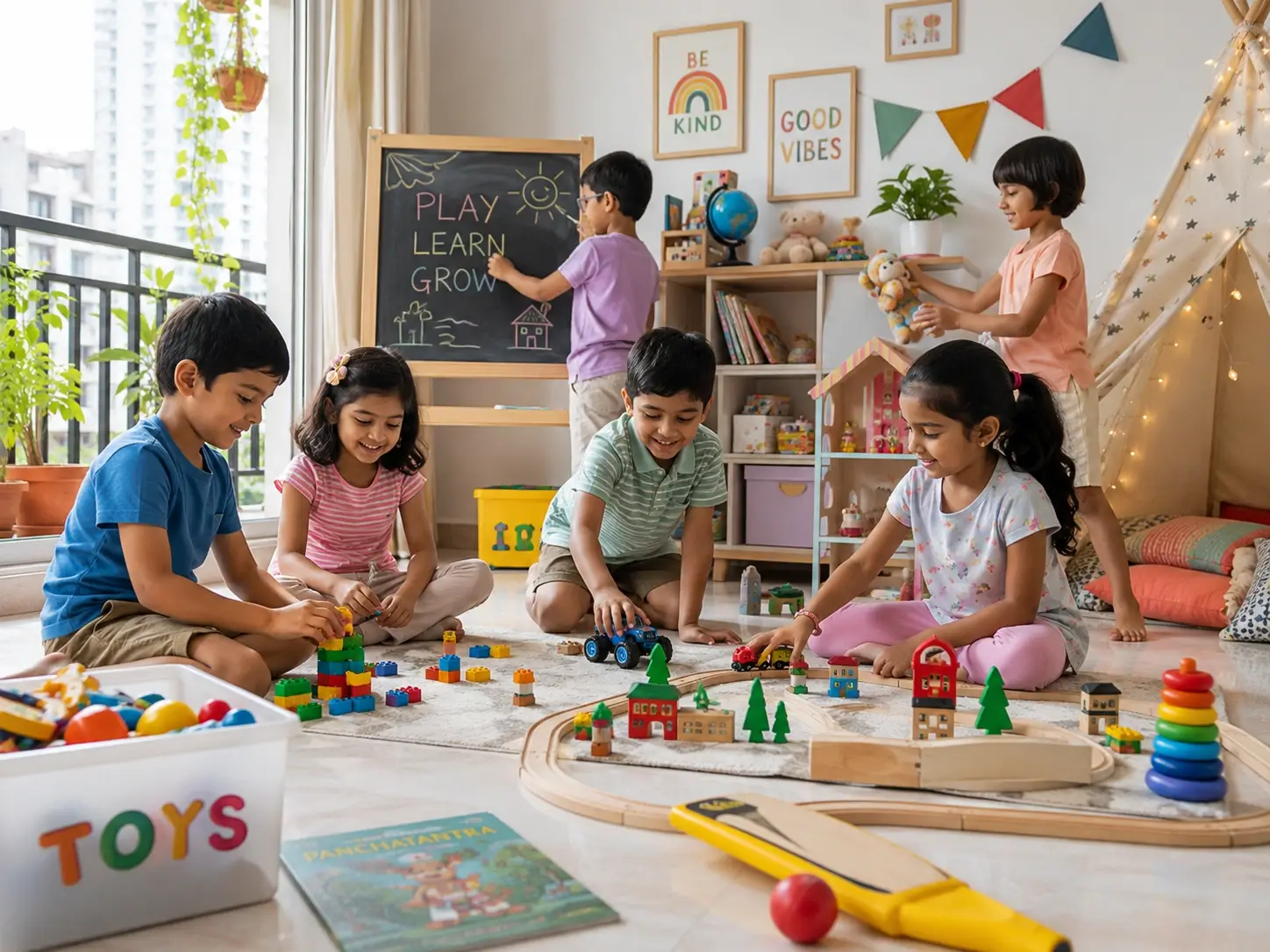 Children of all genders playing together with various toys