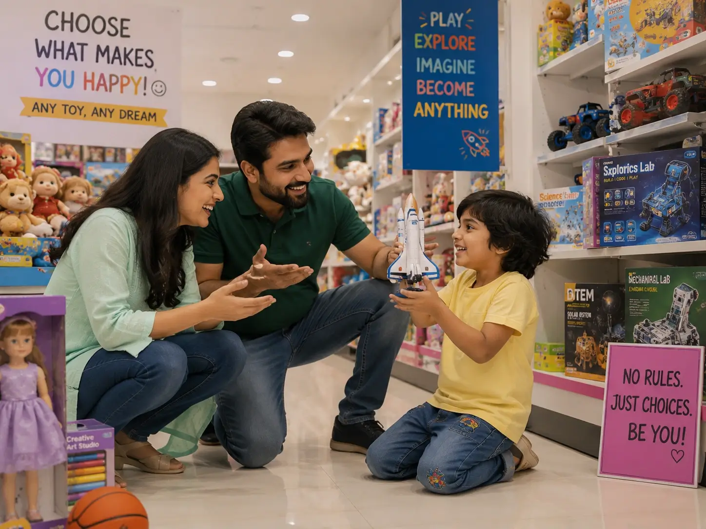 Parents encouraging a child to choose any toy they like