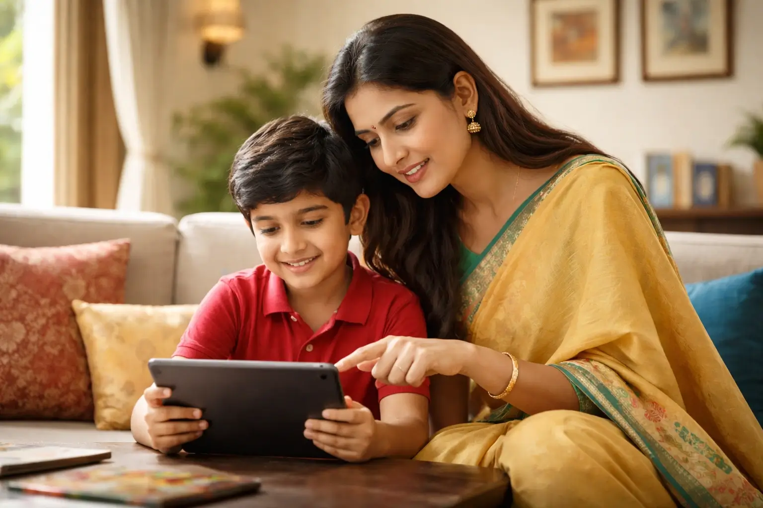 Parent teaching child how to safely and kindly interact on a tablet