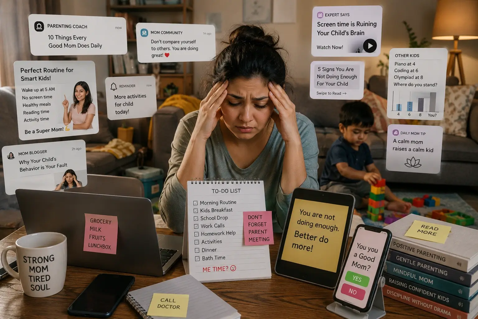 Mother overwhelmed by smartphones and online parenting advice