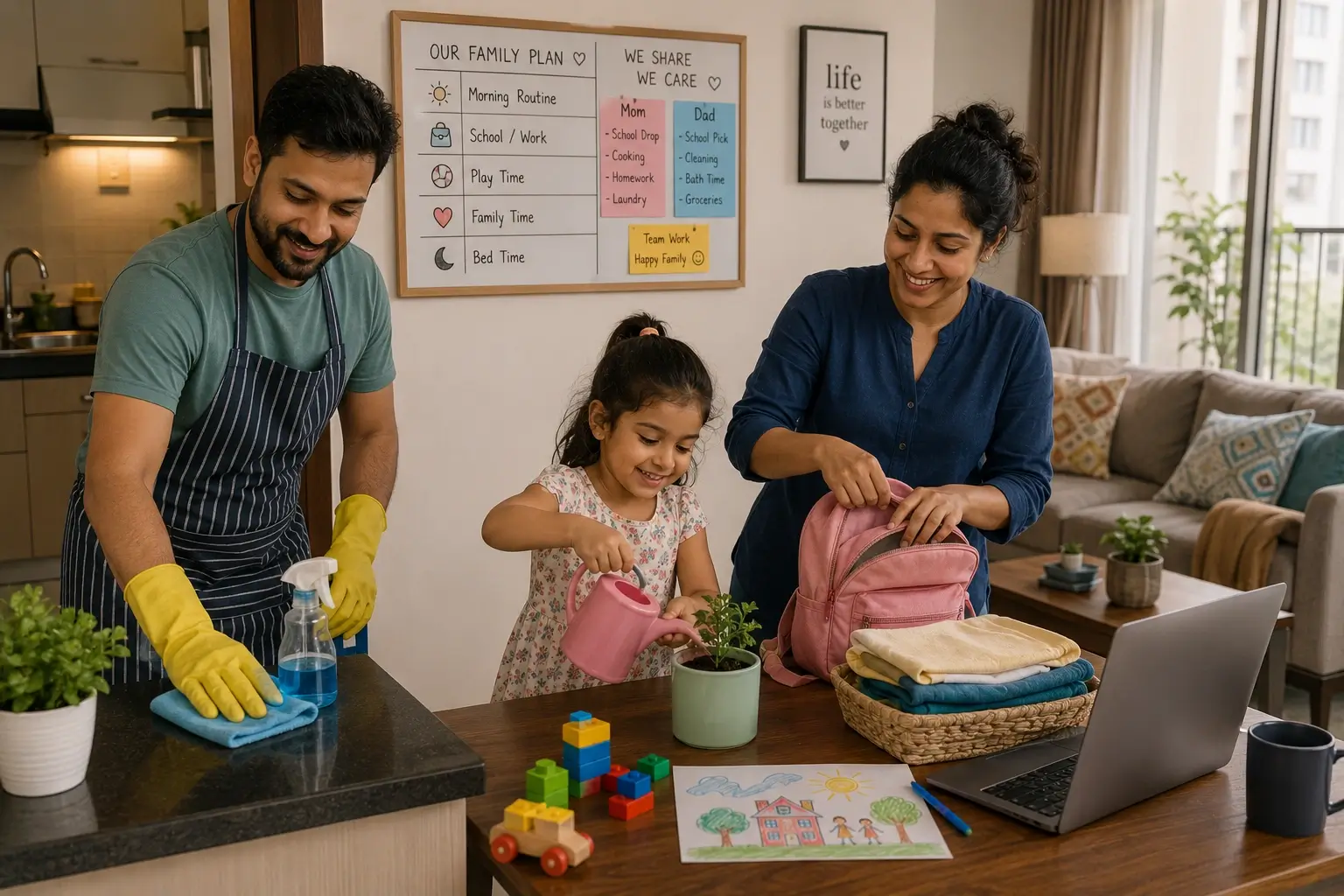 Father and mother sharing child care duties in an urban home