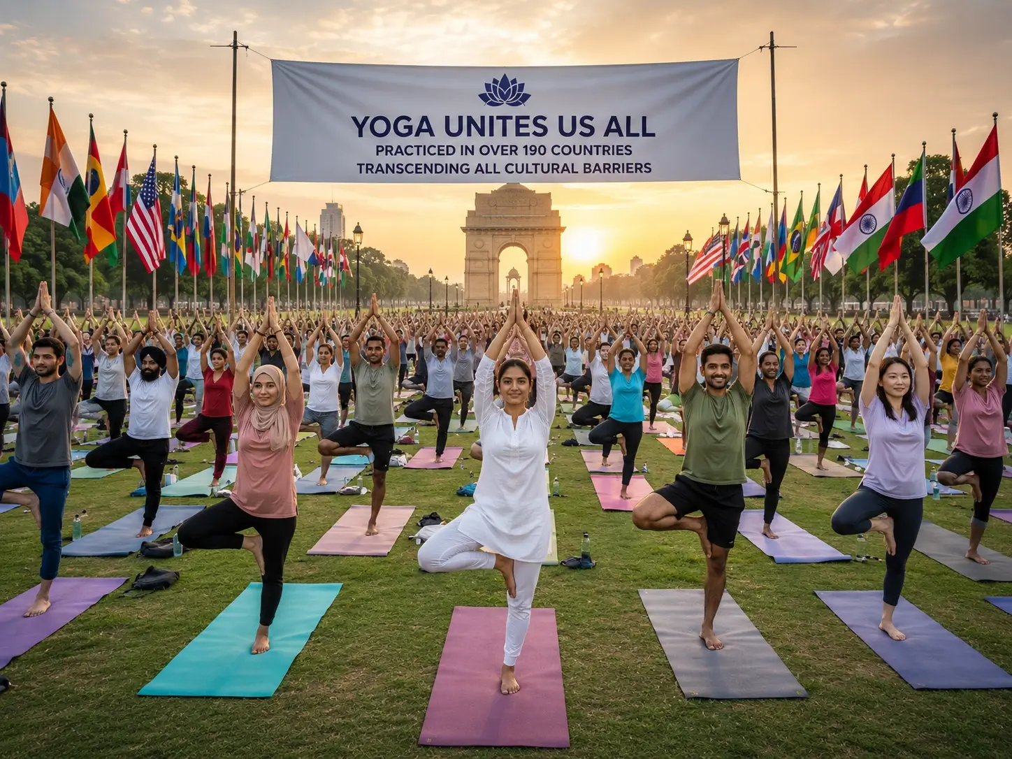 Large group of diverse people practicing yoga together
