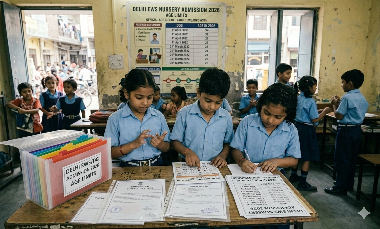 Students calculating age limits for Delhi EWS Nursery admission 2026