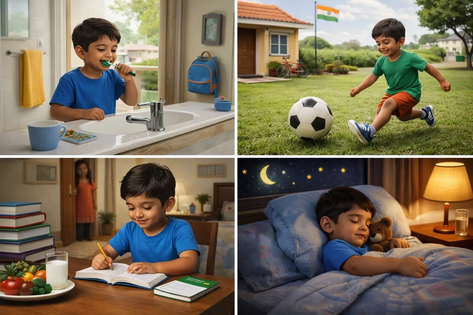 Child following daily routine at home study play sleep healthy habits India