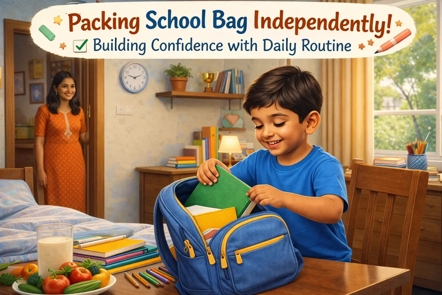 Child independently packing school bag building confidence daily routine