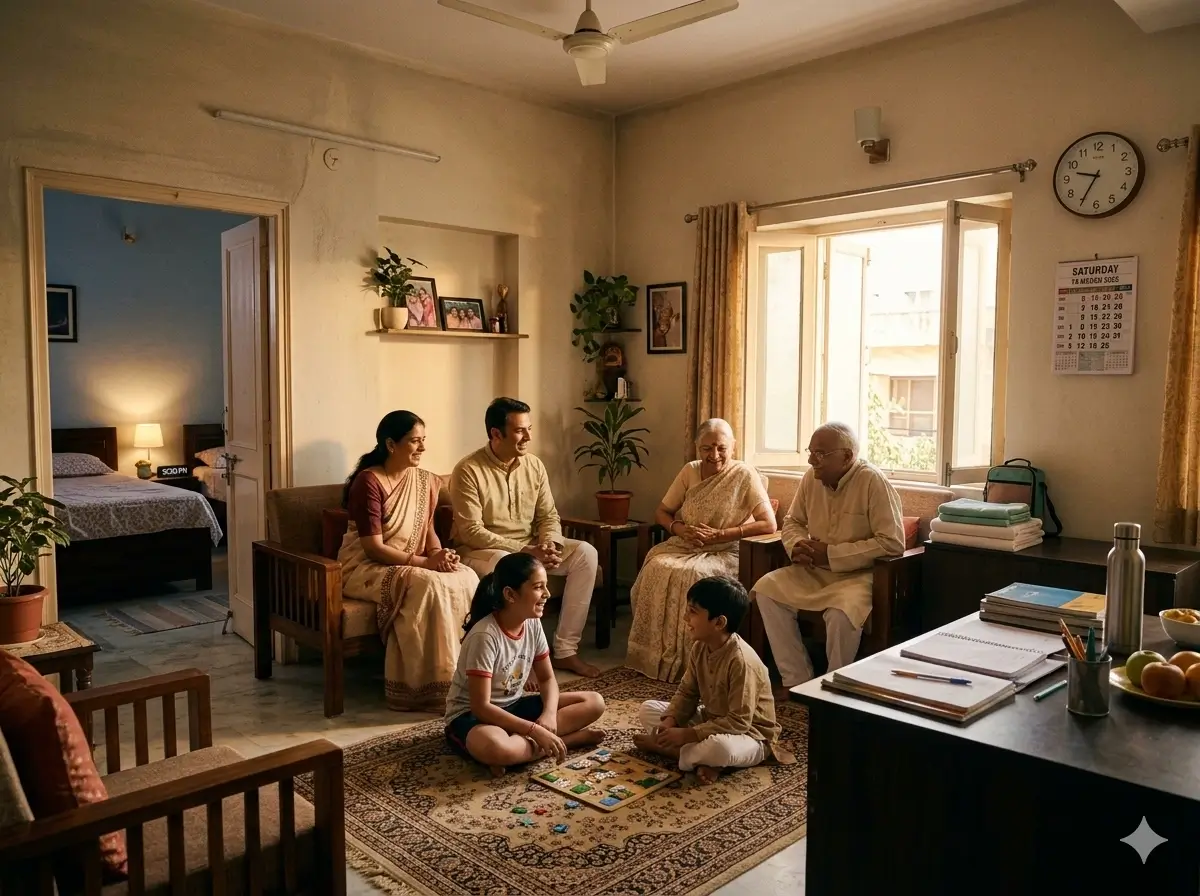 Happy family children healthy daily routine balance play study sleep India