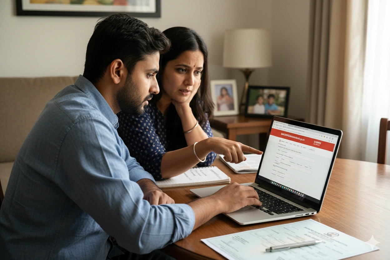 Parent filling Delhi EWS DG admission 2026-27 online form on laptop at ewsadmissions.delhi.gov.in