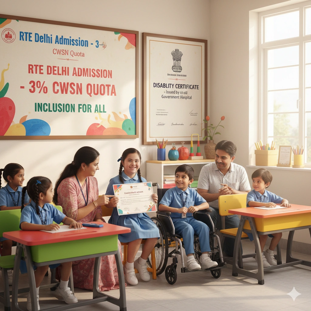 CWSN children with special needs Delhi RTE admission 3% disability certificate government hospital school inclusion
