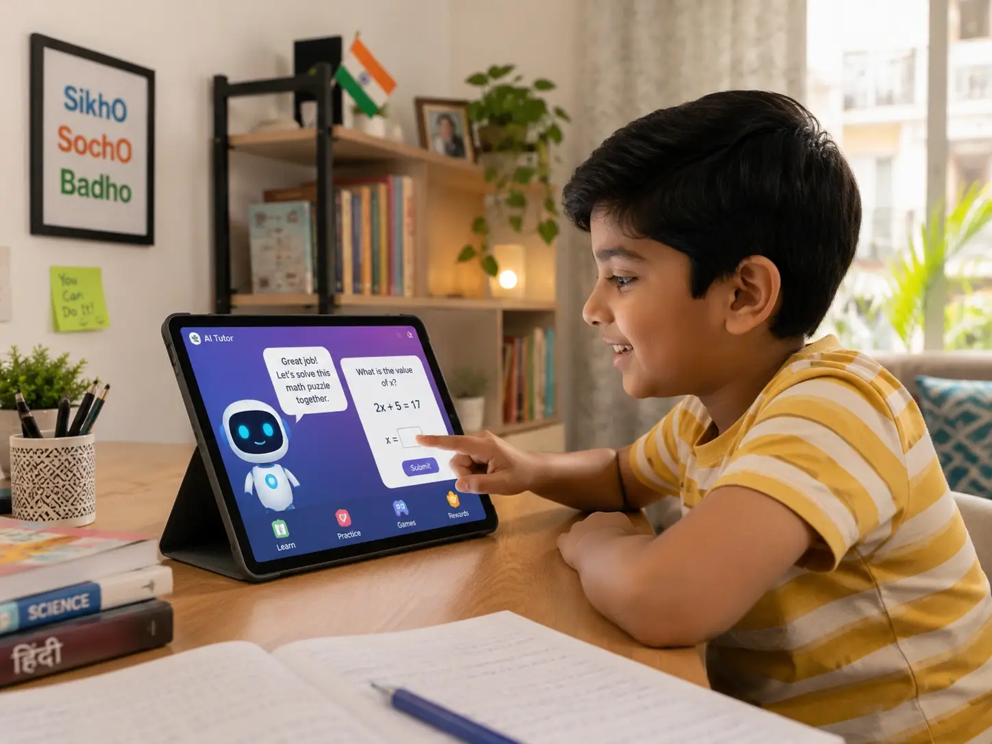 Child exploring interactive AI learning on a tablet