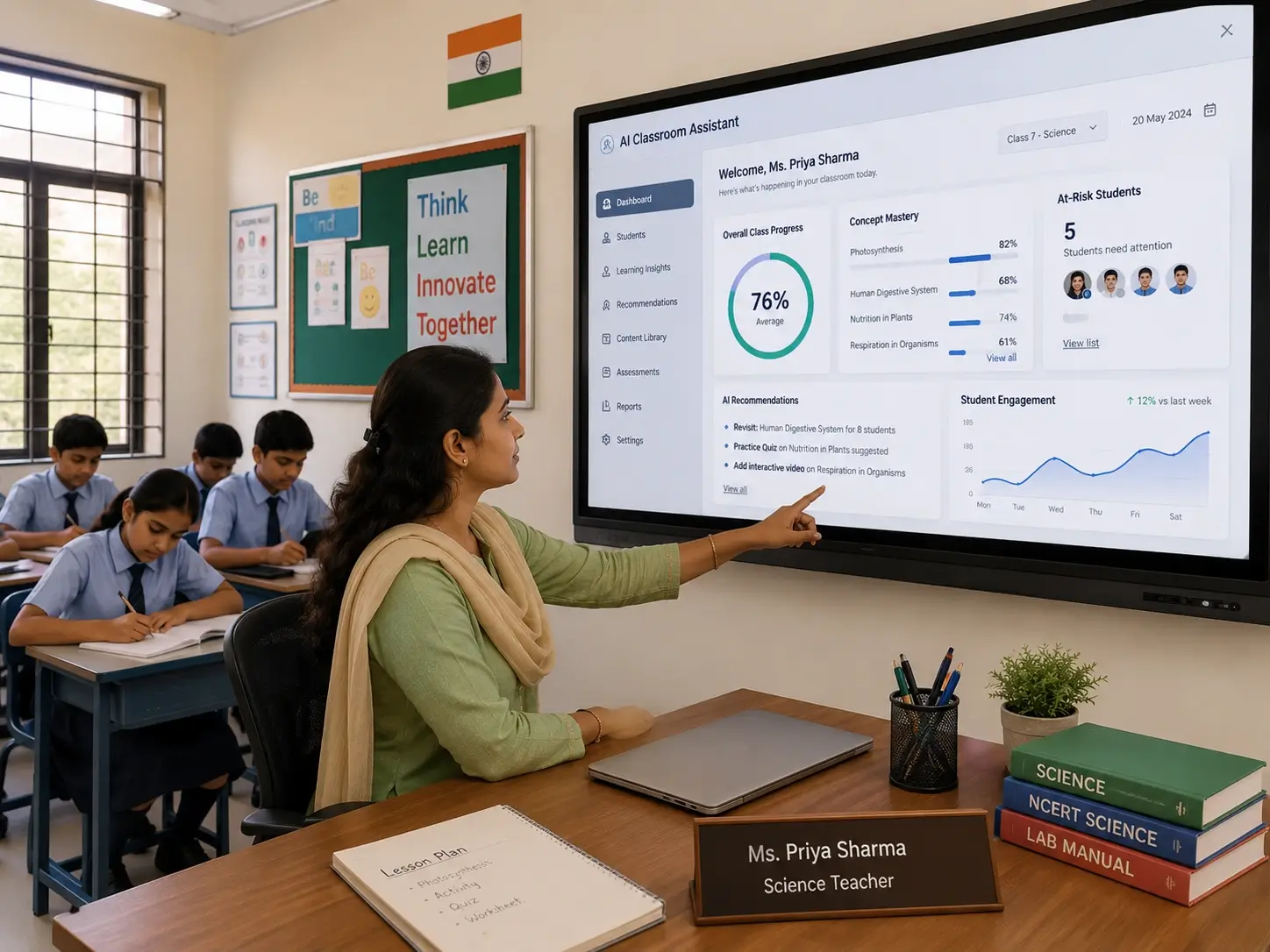 Teacher and AI dashboard assisting in a modern classroom