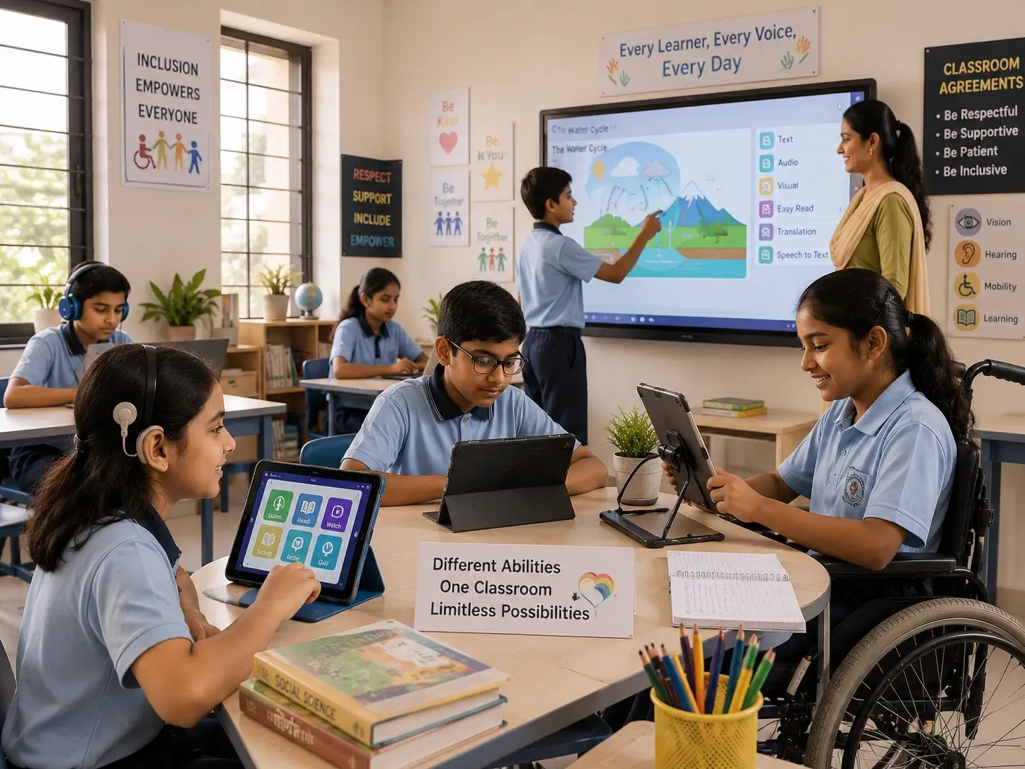 Inclusive classroom showing diverse students learning with assistive tech