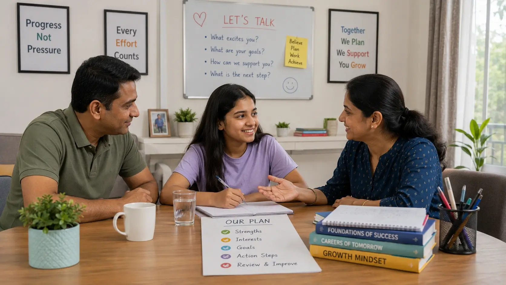 Parents and student discussing education constructively without undue pressure