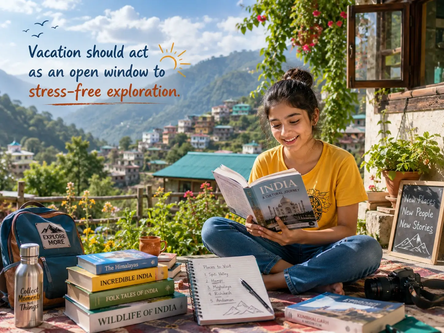 Happy student exploring books outdoors during vacation