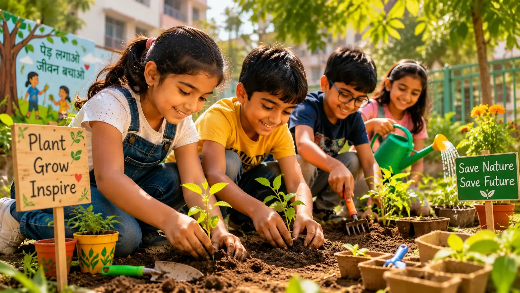 Children planting seeds and engaging with nature