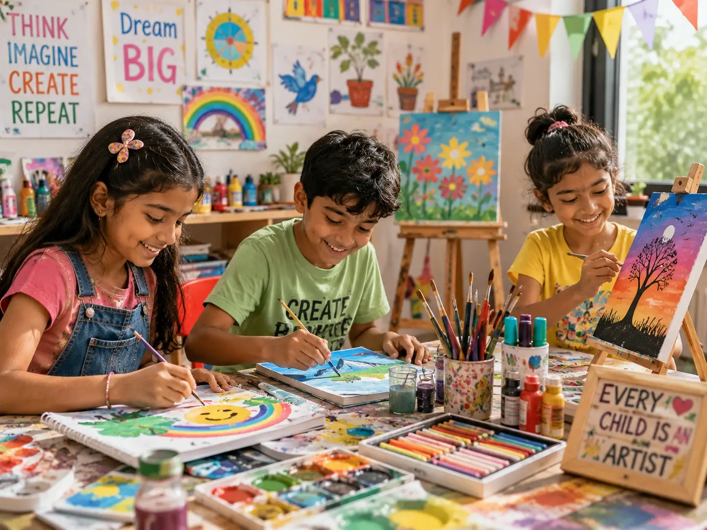 Art materials and kids painting creatively