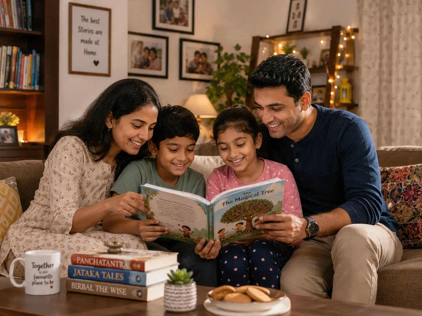 Family reading a story book together happily at home