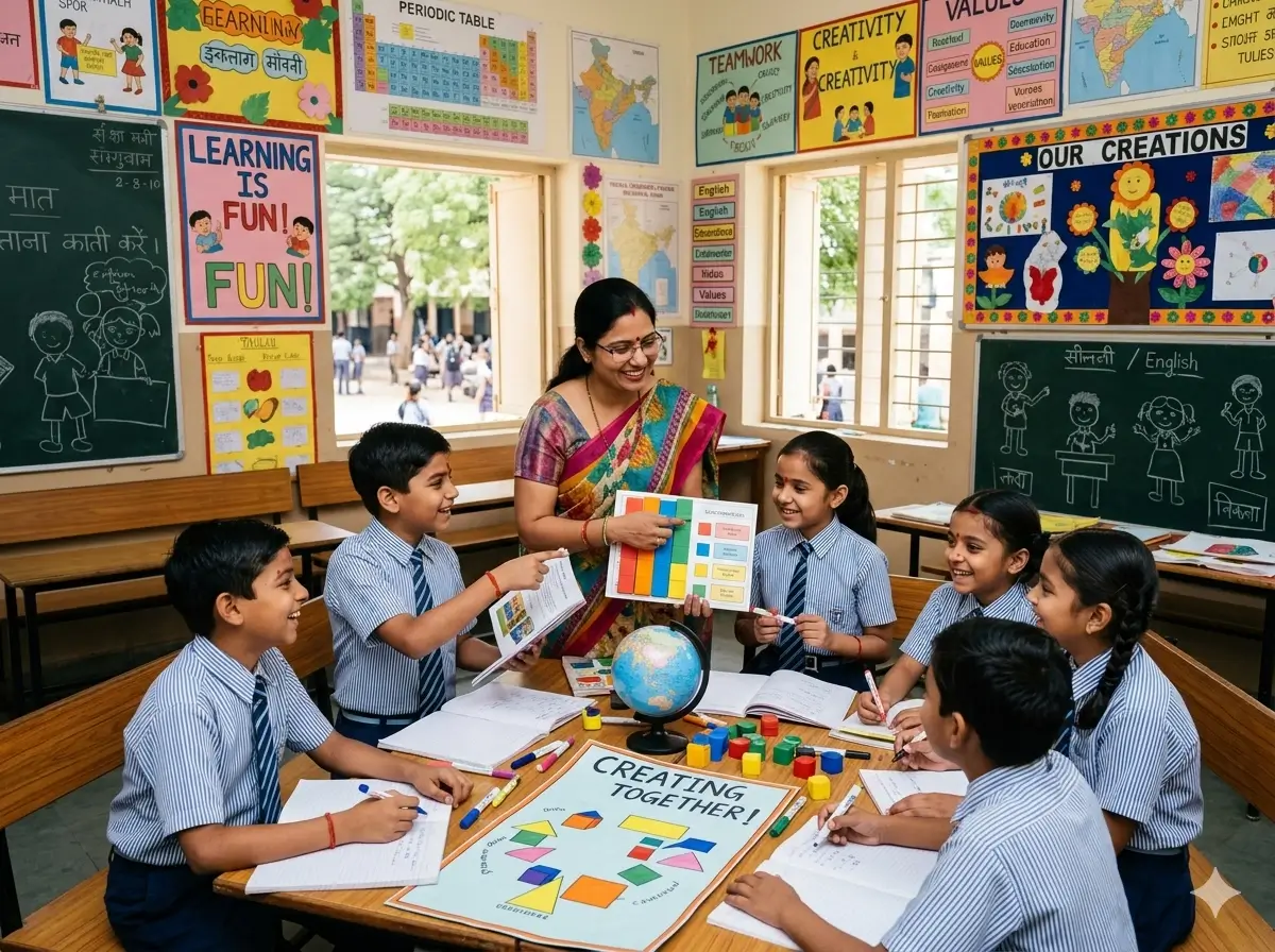 Indian female teacher in yellow dress guiding students in a colorful classroom — positive classroom environment