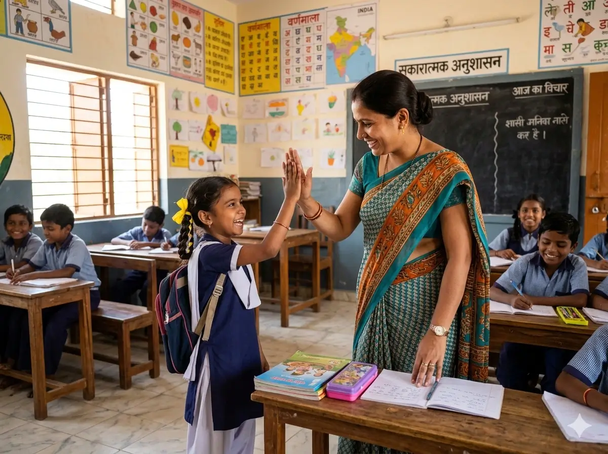 Teacher high-fiving a young girl in the classroom — building positive teacher-student relationships through positive discipline