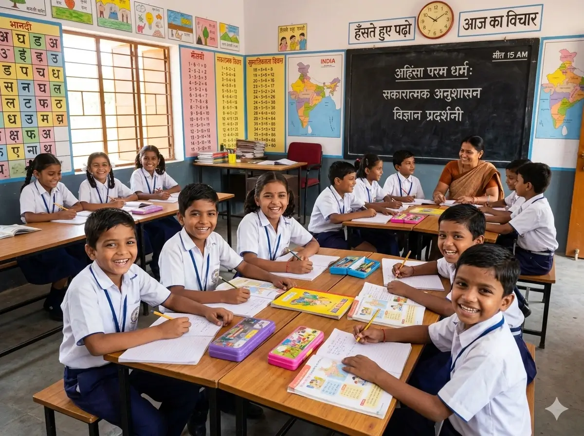Happy Indian schoolchildren in white uniforms studying and smiling in class — result of positive classroom discipline