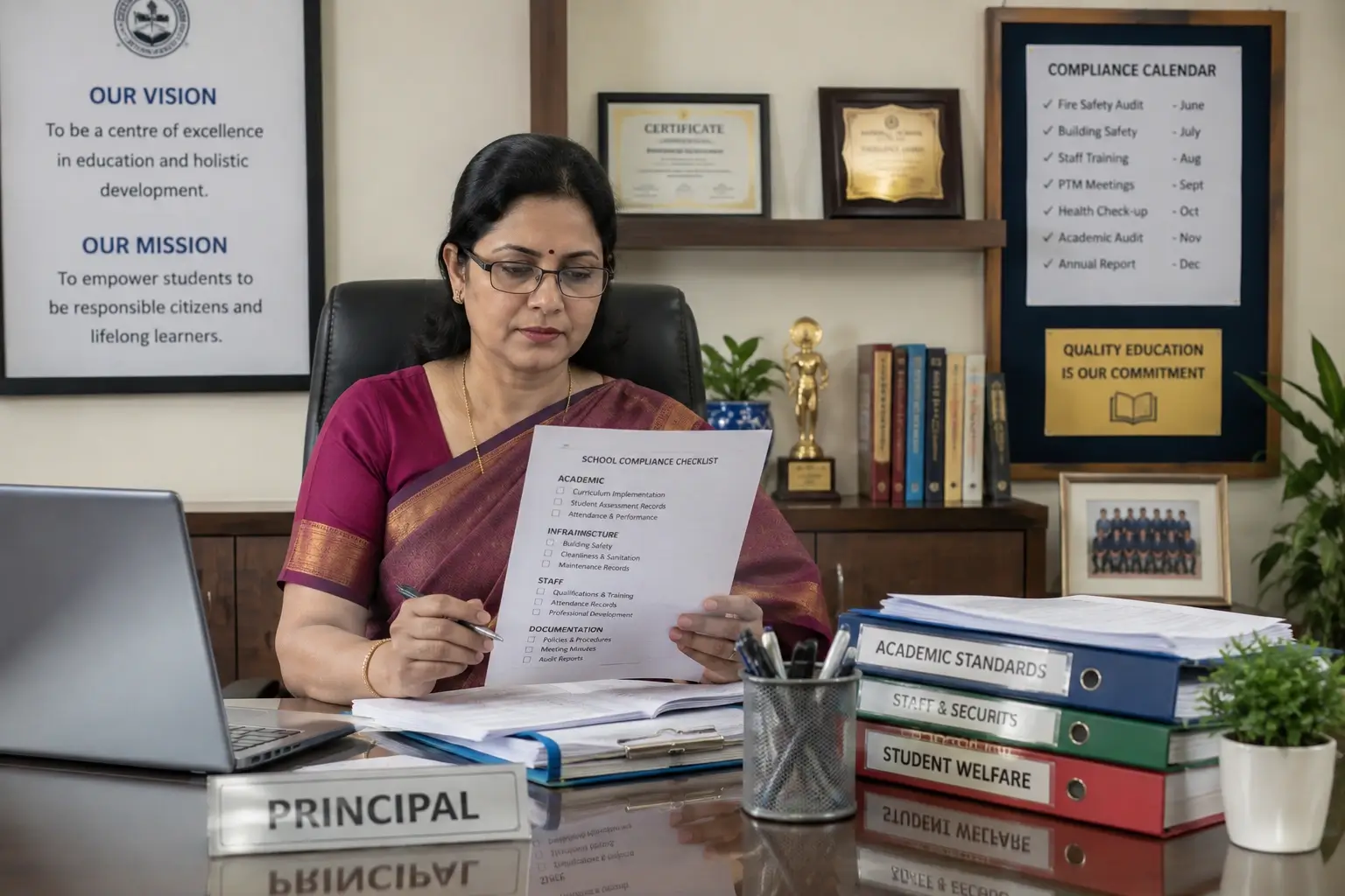 Principal reviewing school compliance documents