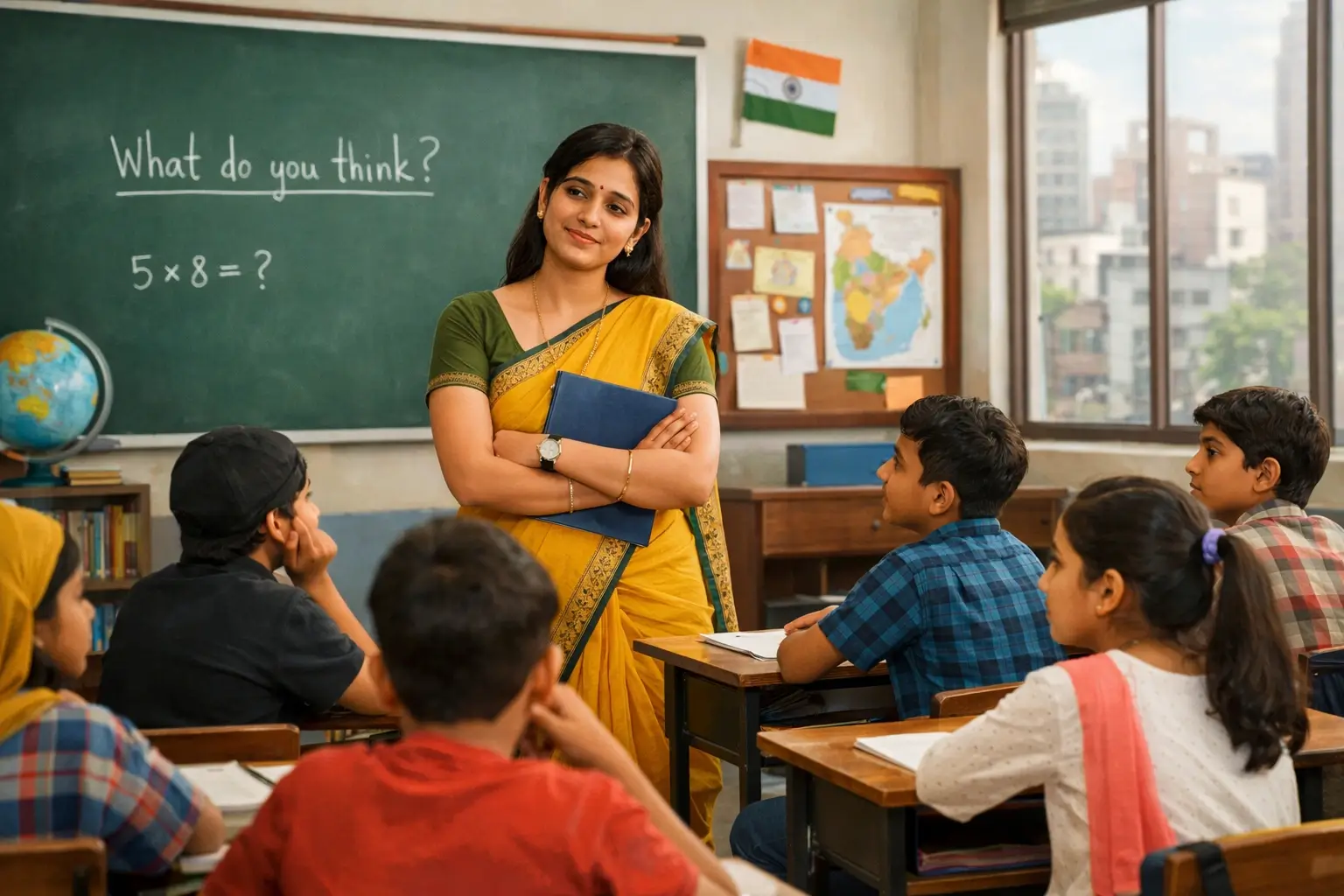 Teacher waiting for a response in a diverse classroom