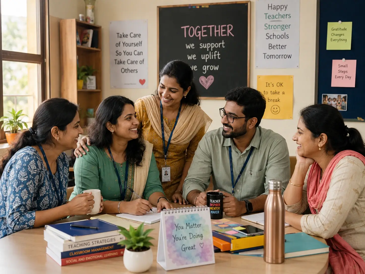 Teachers smiling and supporting each other