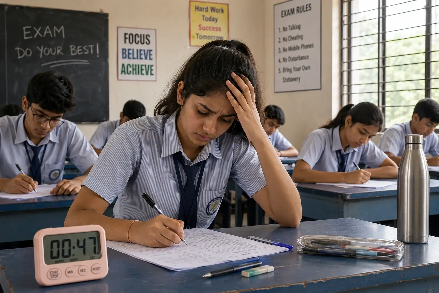 Student writing exam paper under pressure