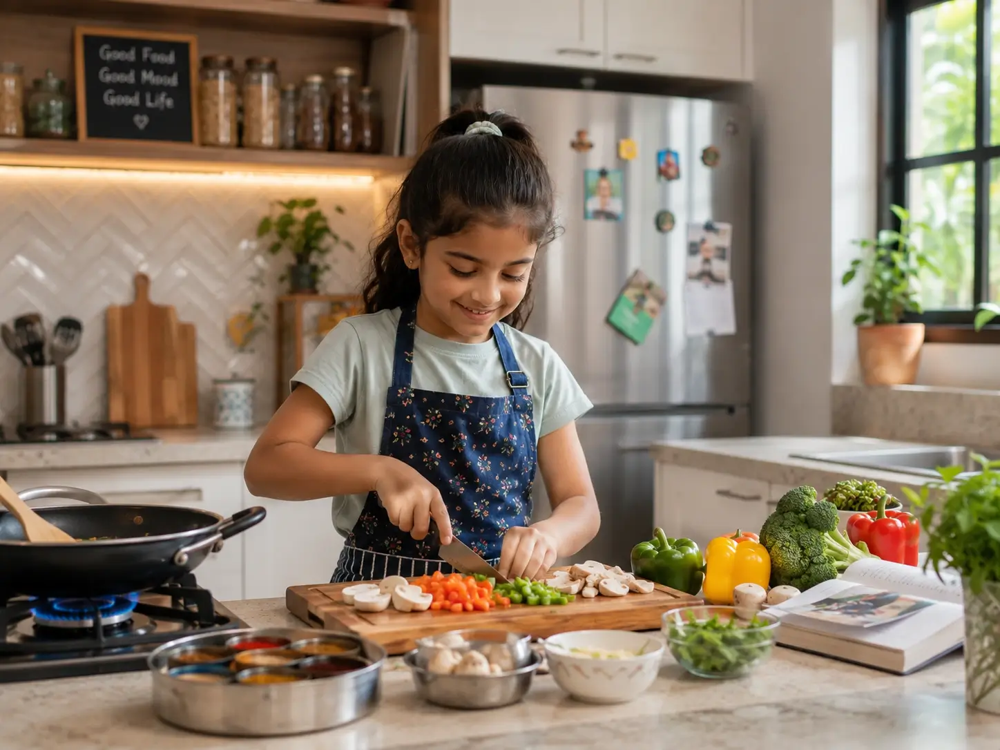 Child developing practical skills by cooking