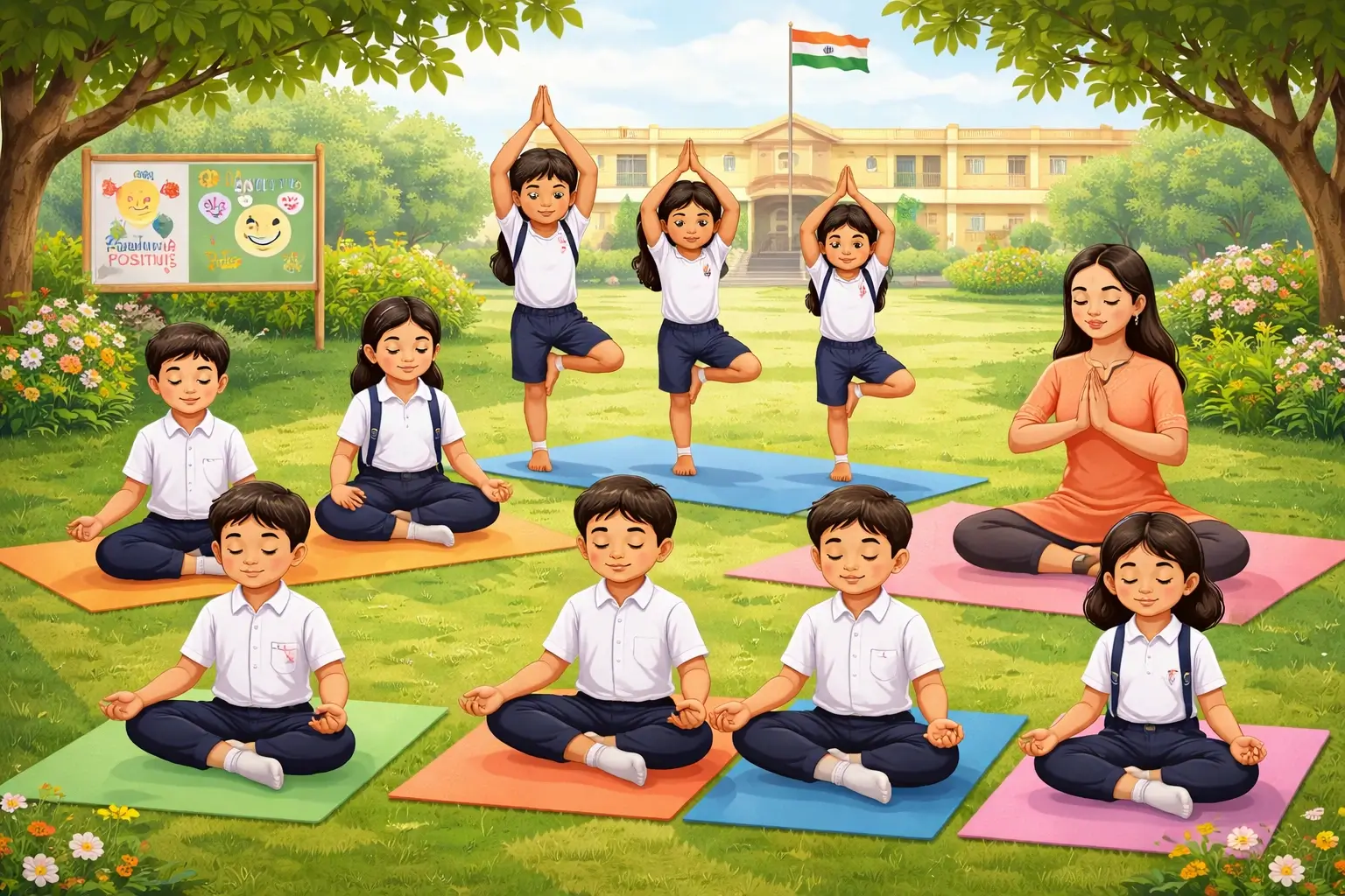 Students practicing yoga and mental health exercises