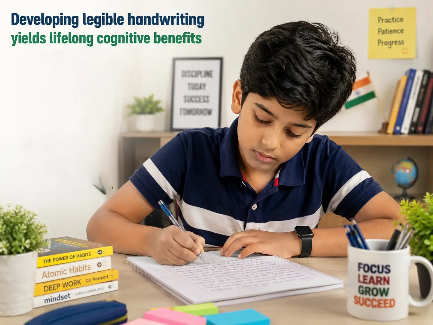 Child writing carefully with a pen on paper