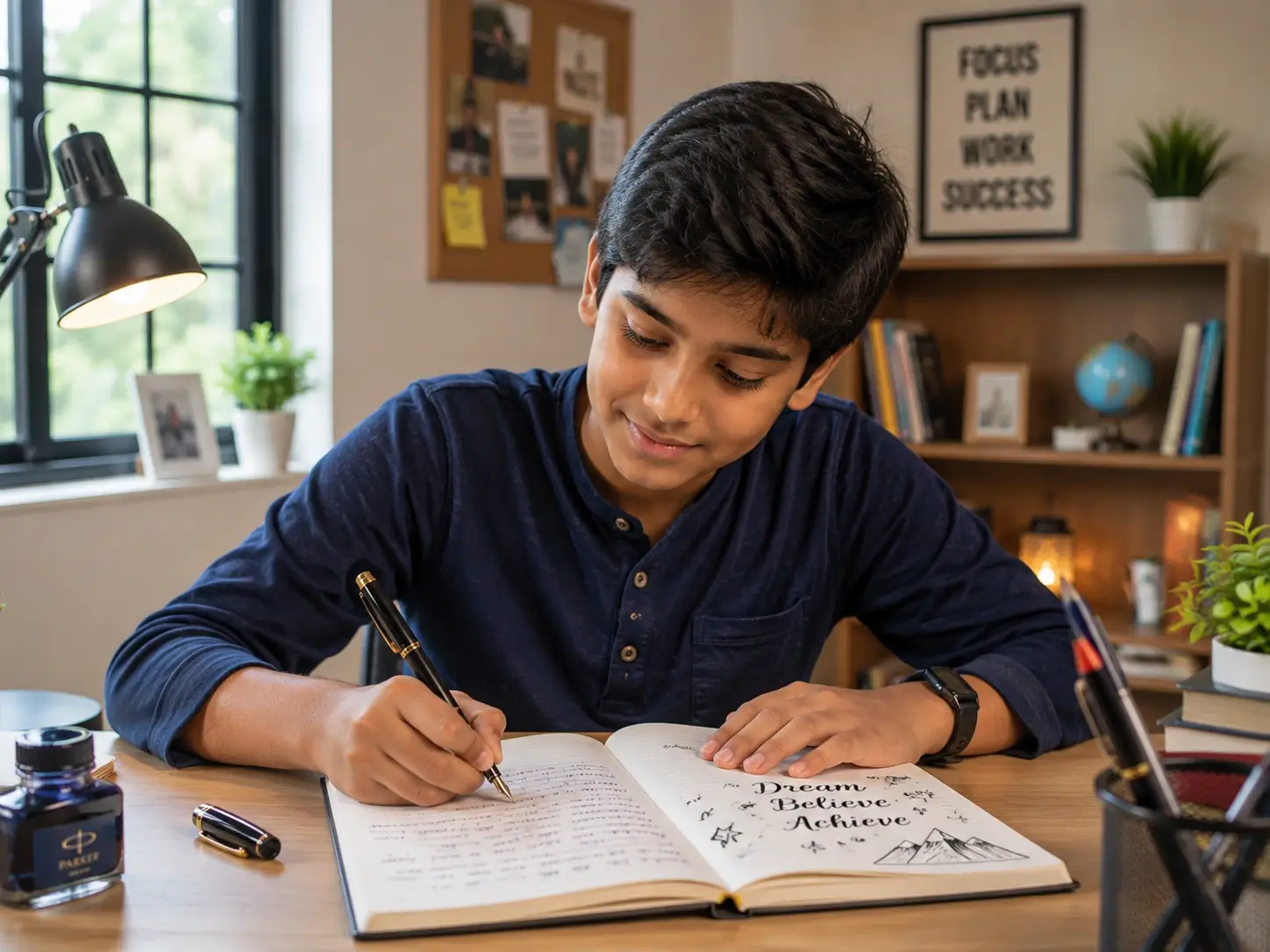 Writing creatively with a fountain pen in a notebook