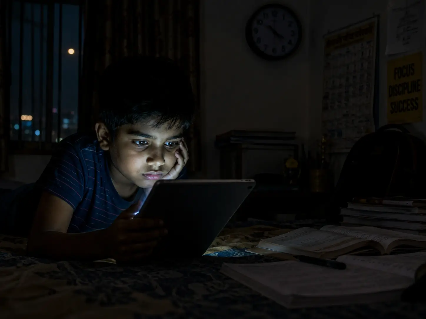 Child in dark room staring at a glowing screen