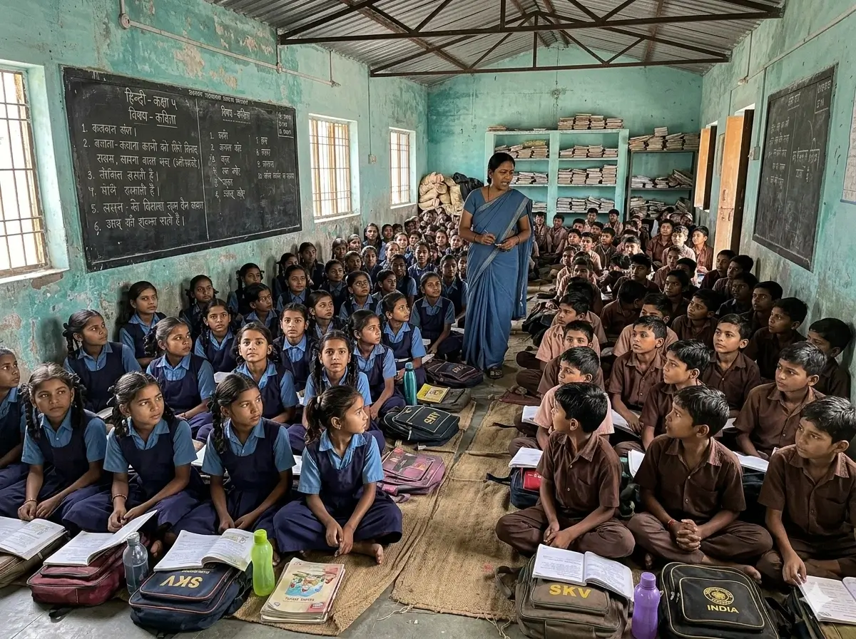 Overcrowded classroom with many students