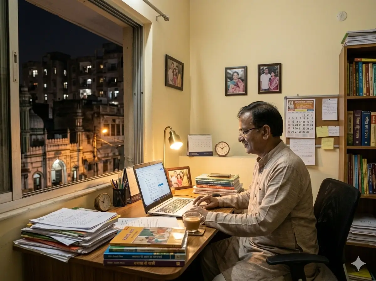 Teacher working late on a laptop