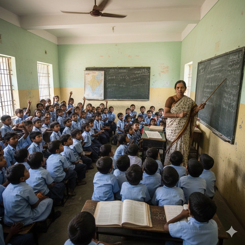 Overcrowded classroom in India showing teacher workload