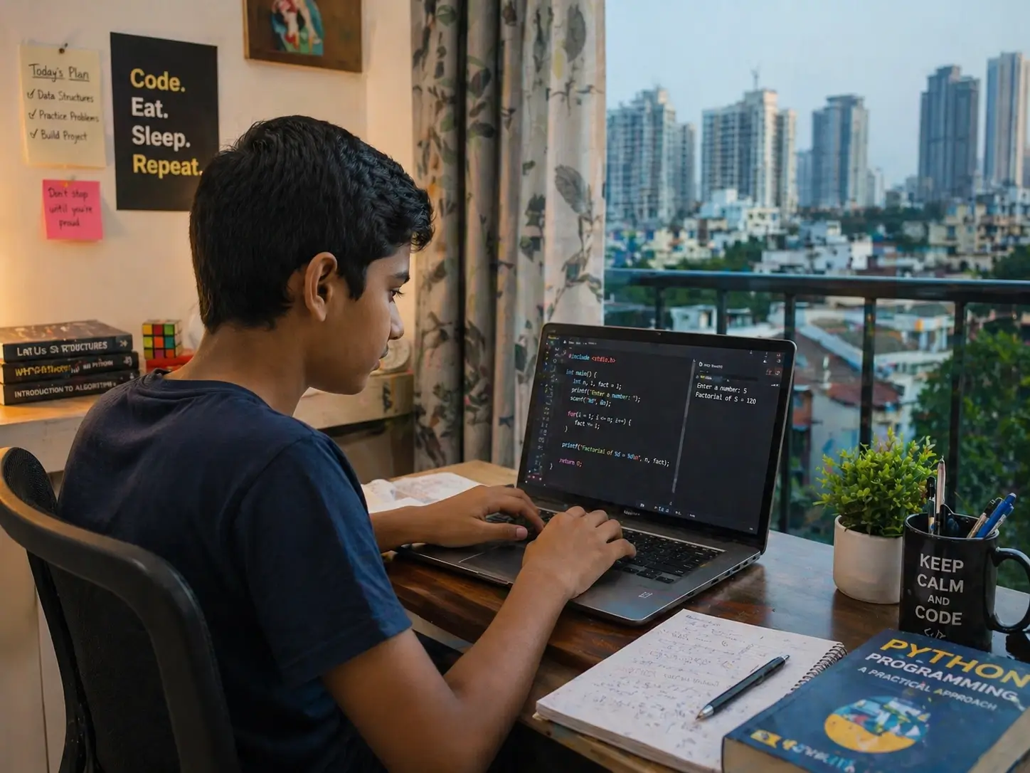 Student learning coding on a laptop